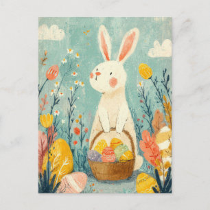 Postale Carte de Pâques avec fleurs et lapin de Pâques