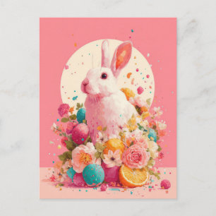 Postale Carte de Pâques avec fleurs et lapin de Pâques