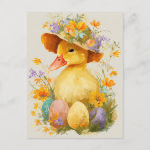 Postale Carte de Pâques avec fleurs et poussin de Pâques