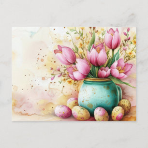 Postale Carte de Pâques avec œufs de Pâques et fleurs
