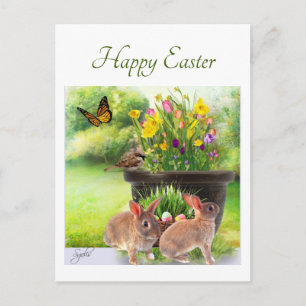 Postale Carte de Pâques lapin et fleurs printanières