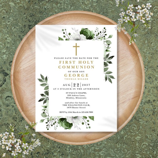 Postale Carte de rappel de première communion florale vert (Green Floral First Holy Communion Save The Date Postcard)