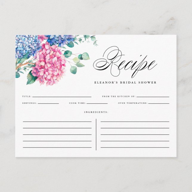 Postale Carte de recette de Baby Shower Fleurs d'Hydrangea (Devant)