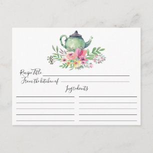 Postale Carte de recette de pot de thé vert floral