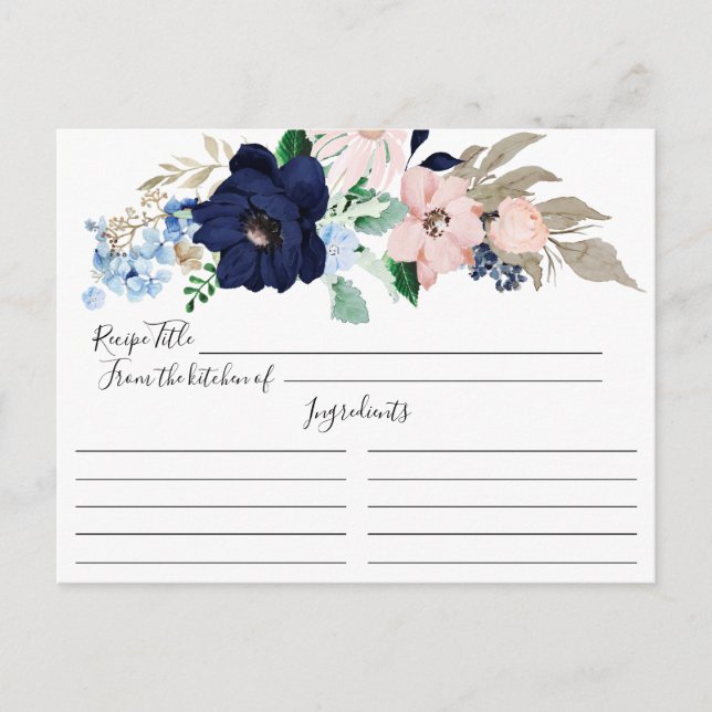 Postale Carte de recette florale Navy & Blush (Devant)