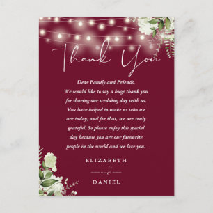 Postale Carte de remerciement de mariage Burgundy Greenery