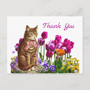 Postale Carte de remerciement rétro de chat dans un jardin