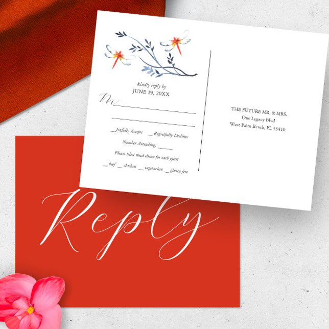 Postale Carte de réponse Choix de repas de mariage (Wedding rsvp card features unique red dragonfly and botanical watercolor art by Victoria Grigaliunas)