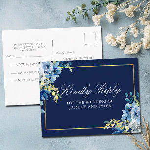 Postale Carte de réponse de mariage élégante florale bleu 