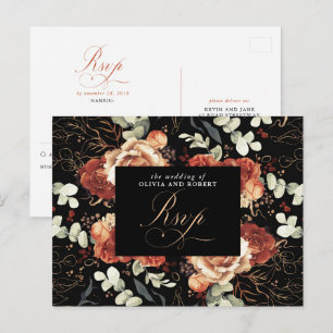 Postale Carte de réponse de mariage noir Fleurs en terre c