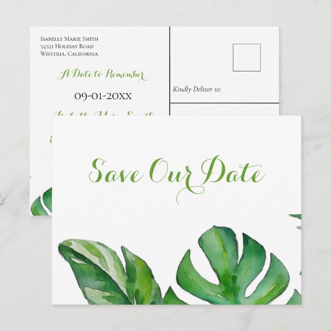 Postale Carte de sauvegarde à date tropicale verte aquarel (Devant / Derrière)