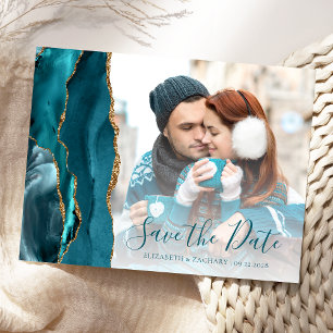 Postale Carte de sauvegarde de date Teal Gold Agate Photo