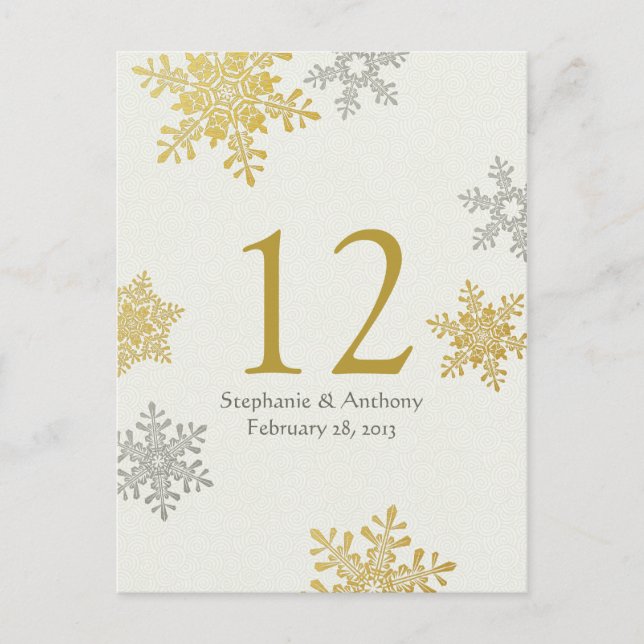 Postale Carte de table de mariage d'hiver Silver Gold Snow (Devant)
