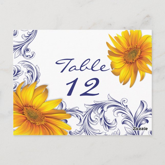 Postale Carte de table Royal Blue and Yellow Sunflowers (Dos)