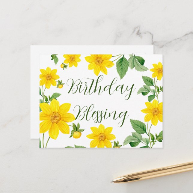 Postale Carte de vœu d'anniversaire florale (Devant/Arrière en situation)