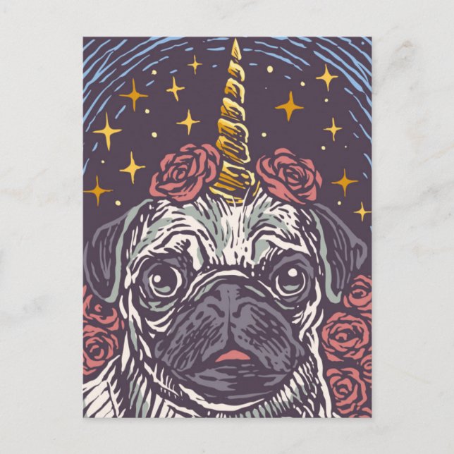 Postale Carte de vœux de pug licorne d'anniversaire (Devant)