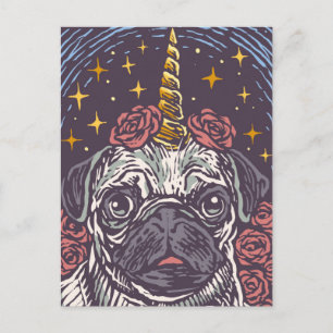 Postale Carte de vœux licorne pug anniversaire