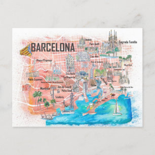 Postale Carte de voyage illustrée de Barcelone avec les ro