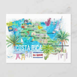 Postale Carte de voyage illustrée du Costa Rica avec route