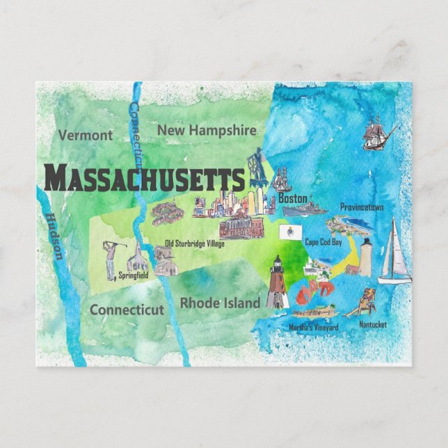 Postale Carte de voyage Massachusetts (Devant)