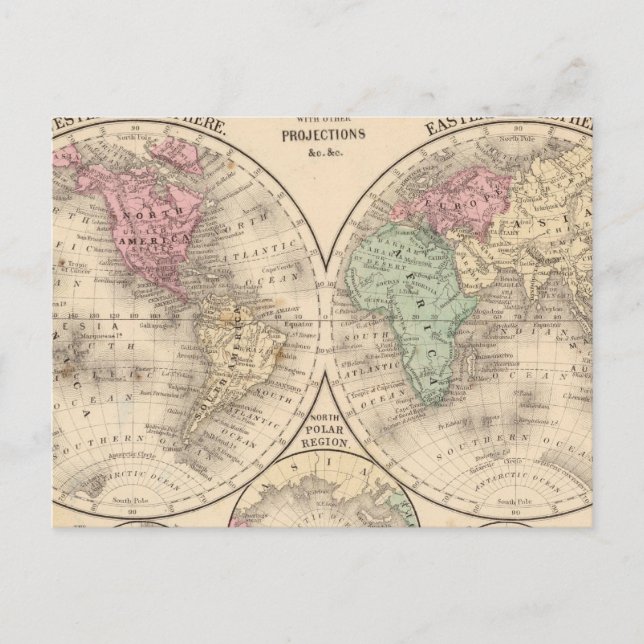 Postale Carte des hémisphères du monde par Mitchell (Devant)