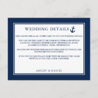 Carte d'insertion de détails de mariage bleu ancre