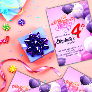 POSTALE CARTE D'INVITATION D'ANNIVERSAIRE POUR FILLES DE 4