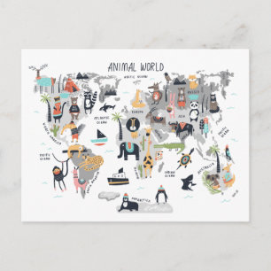 Postale Carte du monde animal
