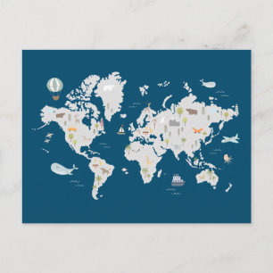 Postale Carte du monde animal mignon