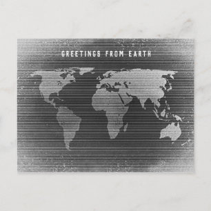Postale Carte du monde en noir et blanc, salutations de la