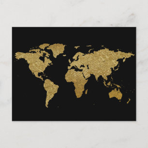 Postale carte du monde noir doré