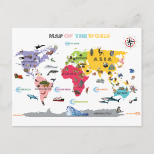 Postale Carte du monde pour des enfants - blancs et