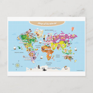 Postale Carte du monde pour les enfants - mignonne et amus