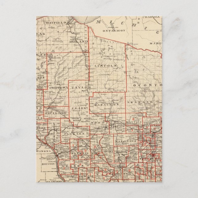 Postale Carte du Wisconsin, montrant les circonscriptions  (Devant)