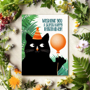 Postale Carte fête d'anniversaire avec chat noir et ballon