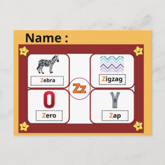 Postale Carte flash de la lettre Z de l'alphabet éducatif 