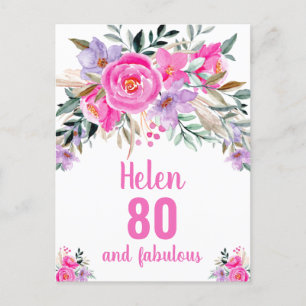 Postale Carte florale rose d'aquarelle 80e anniversaire