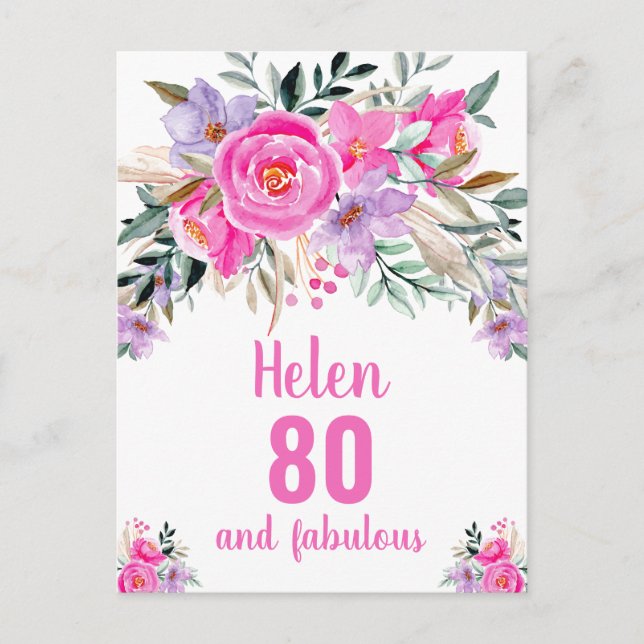 Postale Carte florale rose d'aquarelle 80e anniversaire (Devant)