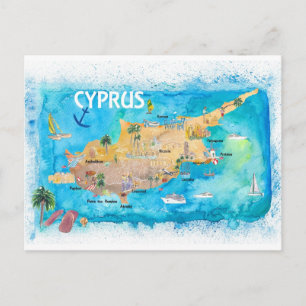 Postale Carte illustrée de Chypre avec les principales rou