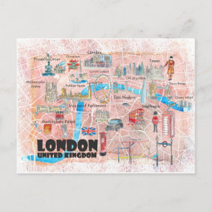 Postale Carte illustrée de Londres avec les routes princip