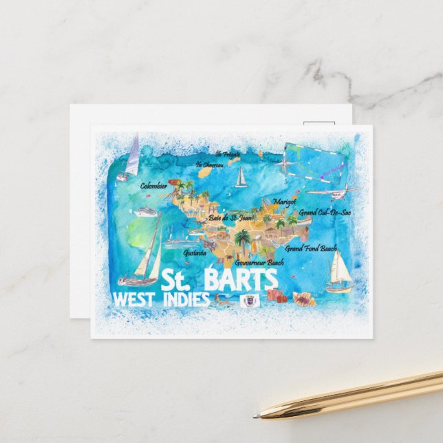 Postale Carte illustrée des Antilles de Saint-Barth (Devant/Arrière en situation)