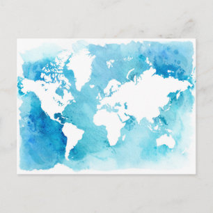 Postale Carte Mondiale En Aquarelle Blues