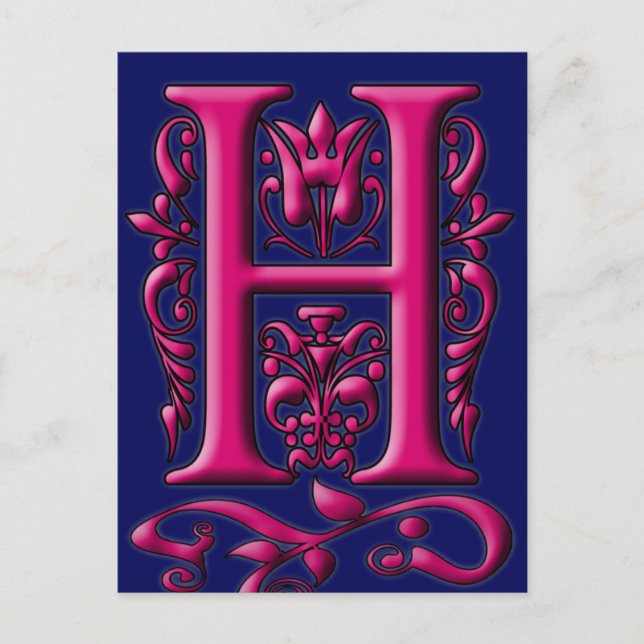 Postale Carte Monogramme H Fuschia Navy initiale (Devant)