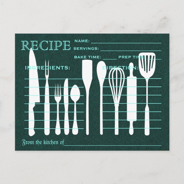 Postale Carte Recette Retro Chalkboard Vert Outils de cuis (Devant)