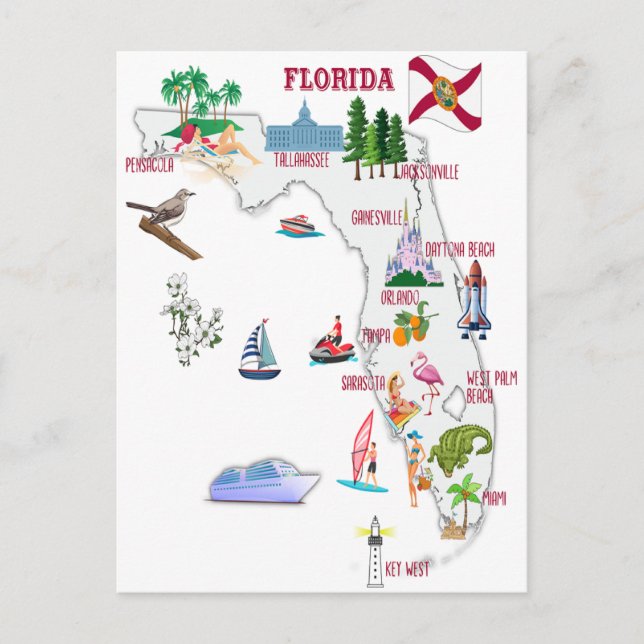 Postale Carte touristique de Floride avec points de repère (Devant)