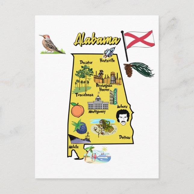 Postale Carte touristique de l'Alabama avec points de repè (Devant)