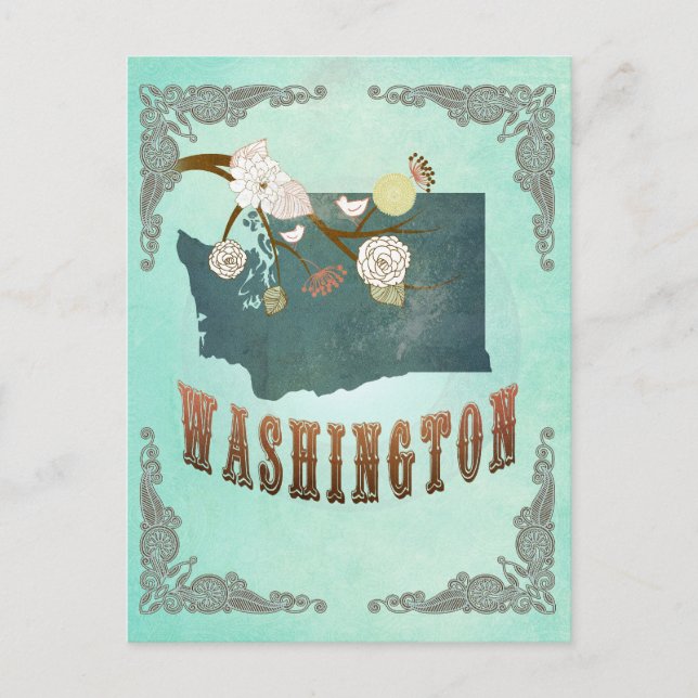 Postale Carte vintage de l'État de Washington - bleu turqu (Devant)