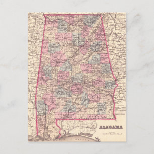 Postale Carte vintage des comtés de l'Alabama (1876)