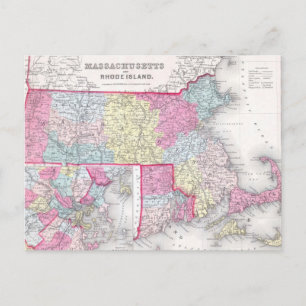 Postale Carte vintage du Massachusetts et de l'île de Rhod