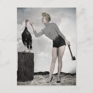 Postale Carte vintage Thanksgiving Turkey Girl